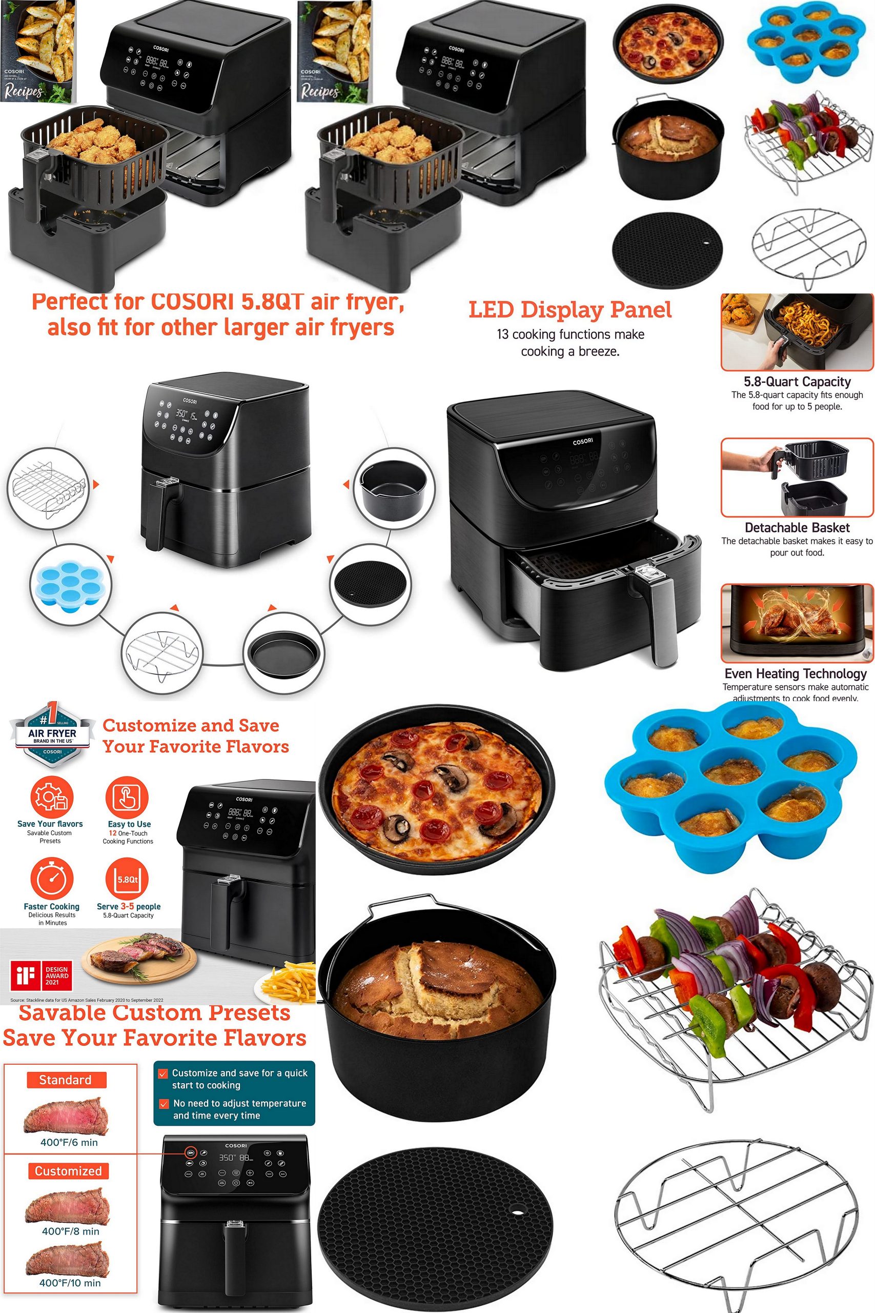 COSORI CP358-AF Cosori Air Fryer Oven Combo 5.8Qt Max Xl Large Cooker  (Cookbook With 100 Recipes), Customizable 10 Presets To Set Your Preferred