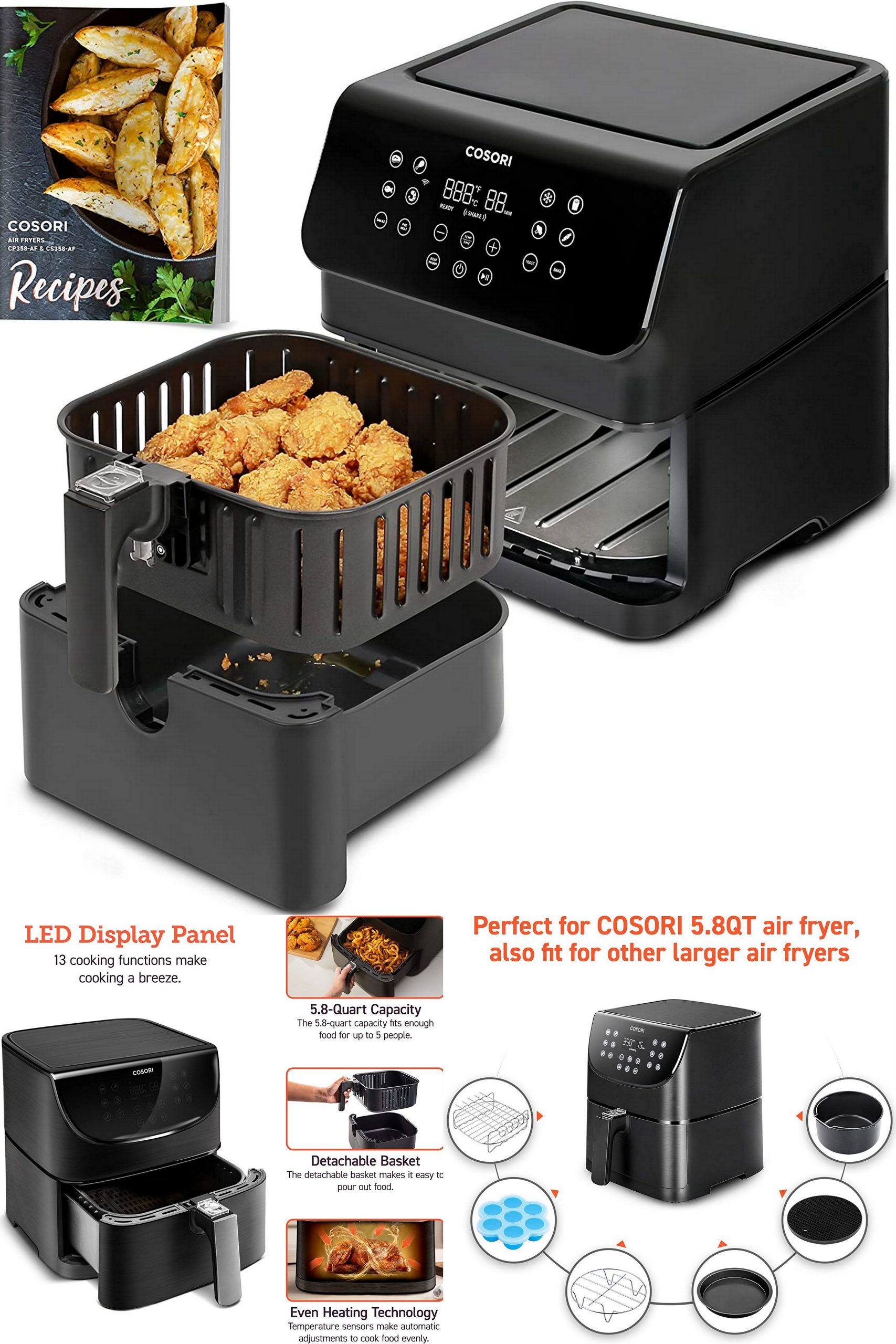 COSORI CP358-AF Cosori Air Fryer Oven Combo 5.8Qt Max Xl Large Cooker  (Cookbook With 100 Recipes), Customizable 10 Presets To Set Your Preferred